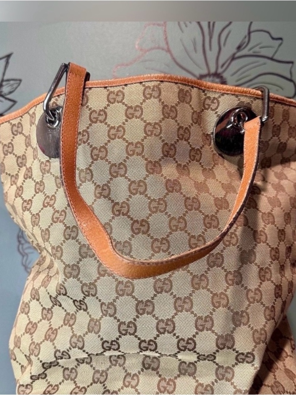 Gucci Beige Brown Monogram Canvas Tote with Tan Leather Trim